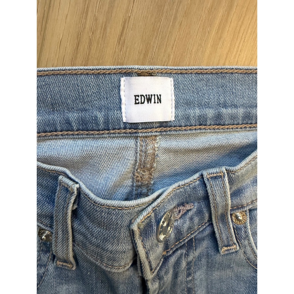 Edwin Bree High Rise Straight Leg Distressed Jeans Light Wash Blue Size 25